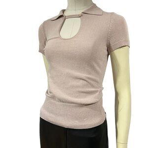 Revolve Bebe Vintage Silk Blend Neck Closure Ribbed Short Sleeve Polo Shirt